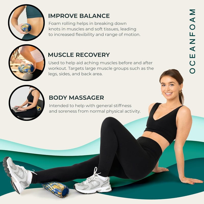 Oceanfoam Ripple Travel Foam Roller (11" x 3.35") Firm Mini Foam Roller for Physical Therapy, Deep Tissue Massage, Back Pain, High Density, Wave Textured, Yoga, Exercise (Royal Gold & Natural Marbled) - Image 5